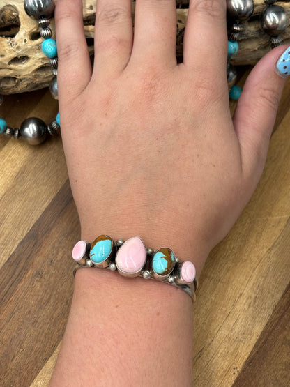 Pink Conch & Turquoise #92-3 Cuff by Augustine Largo, Navajo