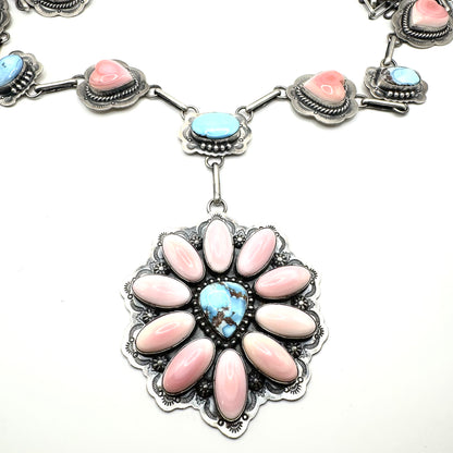 34" + 5" drop Golden Hills Turquoise & Pink Conch Statement Necklace