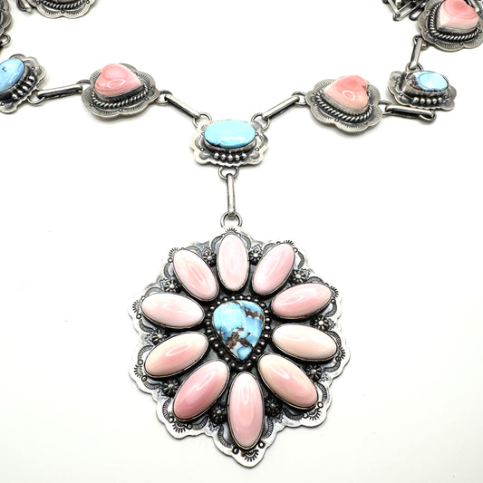 34" + 5" drop Golden Hills Turquoise & Pink Conch Statement Necklace