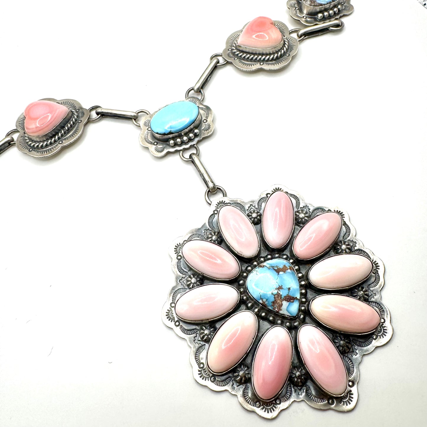34" + 5" drop Golden Hills Turquoise & Pink Conch Statement Necklace