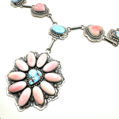 34" + 5" drop Golden Hills Turquoise & Pink Conch Statement Necklace