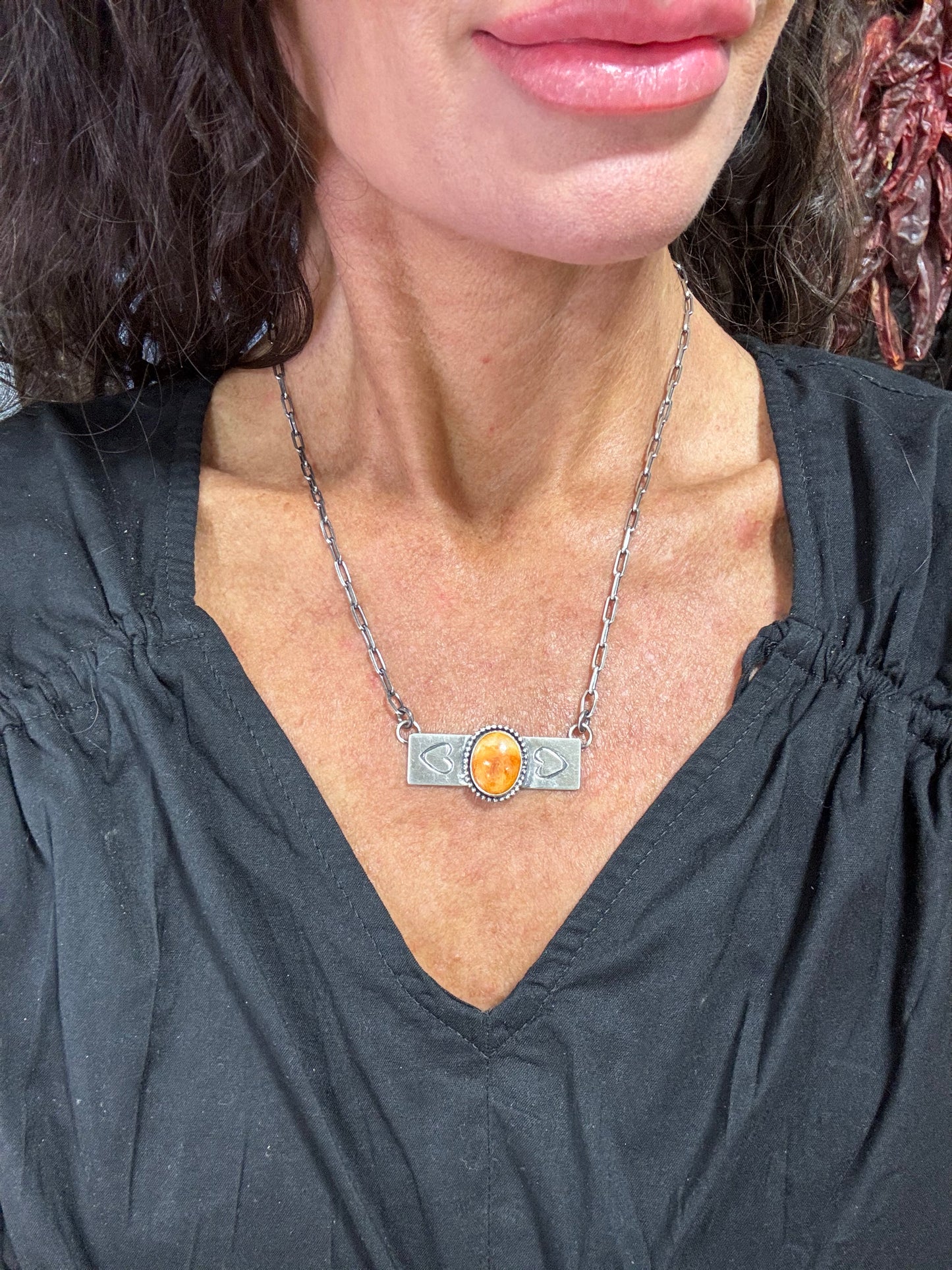 18" Orange Spiny Oyster Stamped Bar Necklace Made by Danny Henio