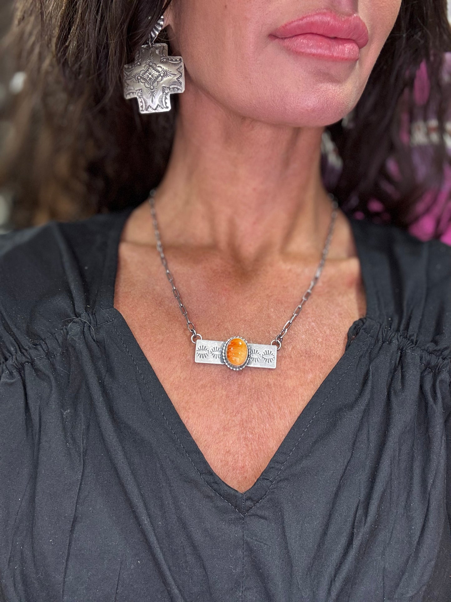 18" Orange Spiny Oyster Stamped Bar Necklace Native Made by Danny Henio