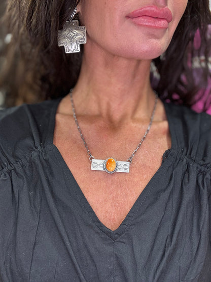 18" Orange Spiny Oyster Stamped Bar Necklace Native Made by Danny Henio