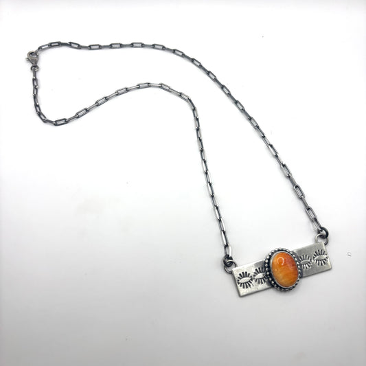 18" Orange Spiny Oyster Stamped Bar Necklace Native Made by Danny Henio