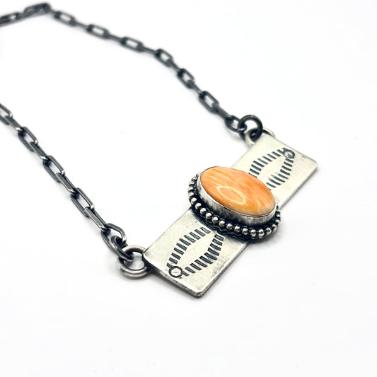 18" Orange Spiny Oyster Stamped Bar Necklace