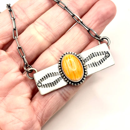 18" Orange Spiny Oyster Stamped Bar Necklace