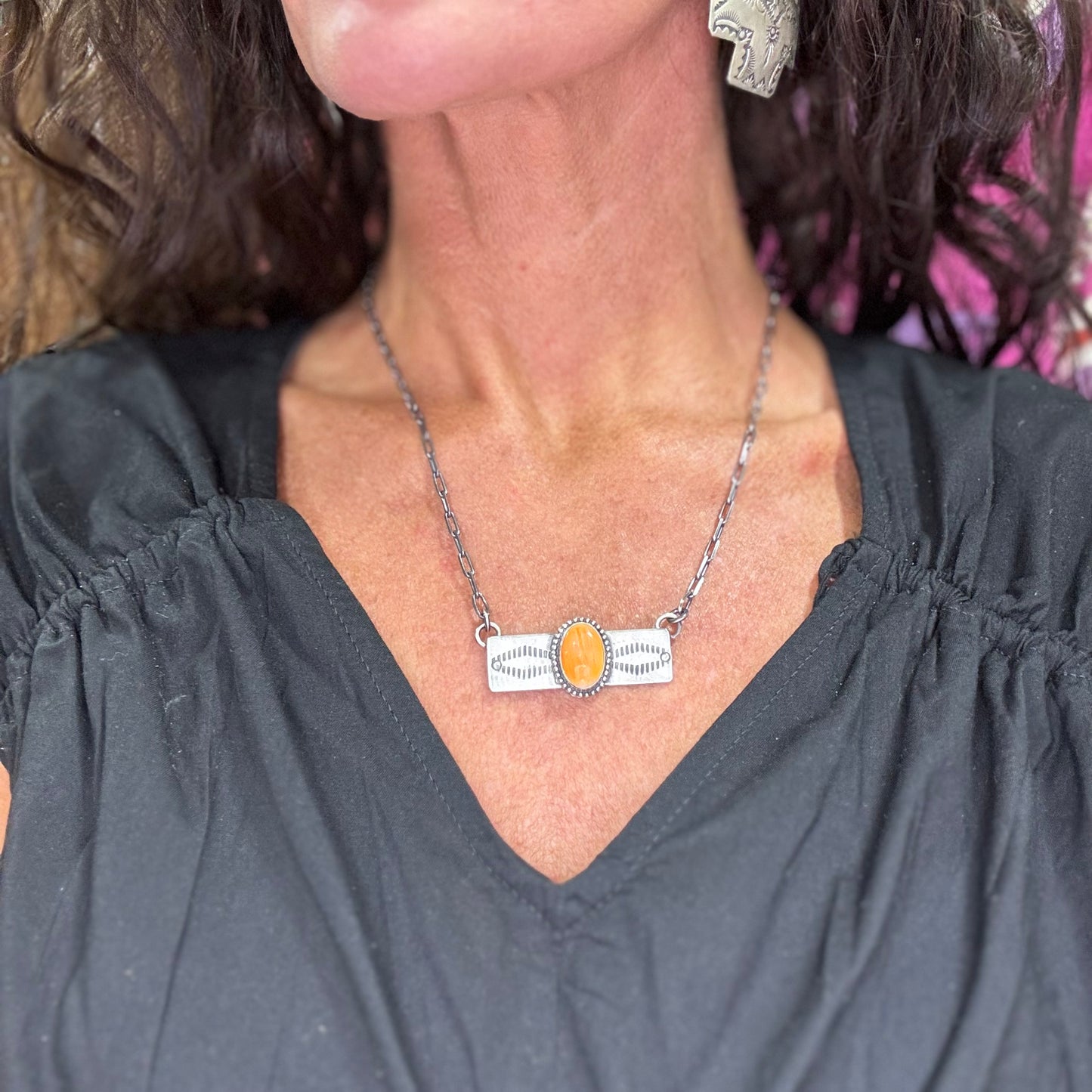 18" Orange Spiny Oyster Stamped Bar Necklace