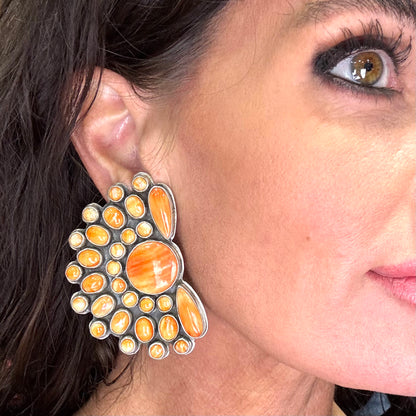Orange Spiny Clip On Cluster Earrings by Master Silversmith Federico Jimenez