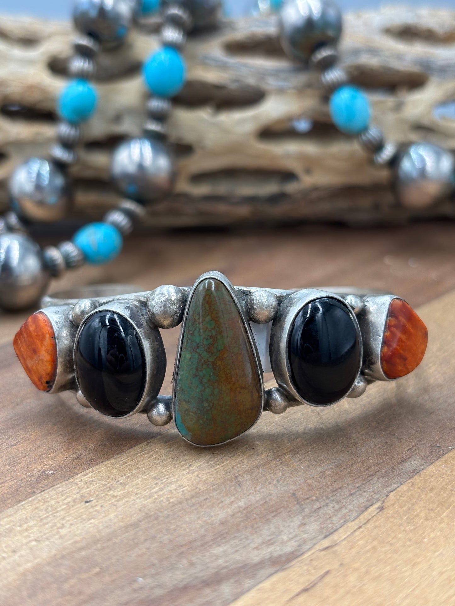 Kingman #96-13 Black Onyx, Orange/Red Spiny Cuff by Augustine Largo, Navajo