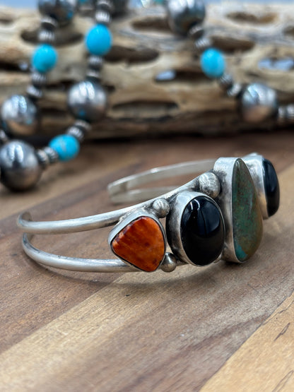 Kingman #96-13 Black Onyx, Orange/Red Spiny Cuff by Augustine Largo, Navajo