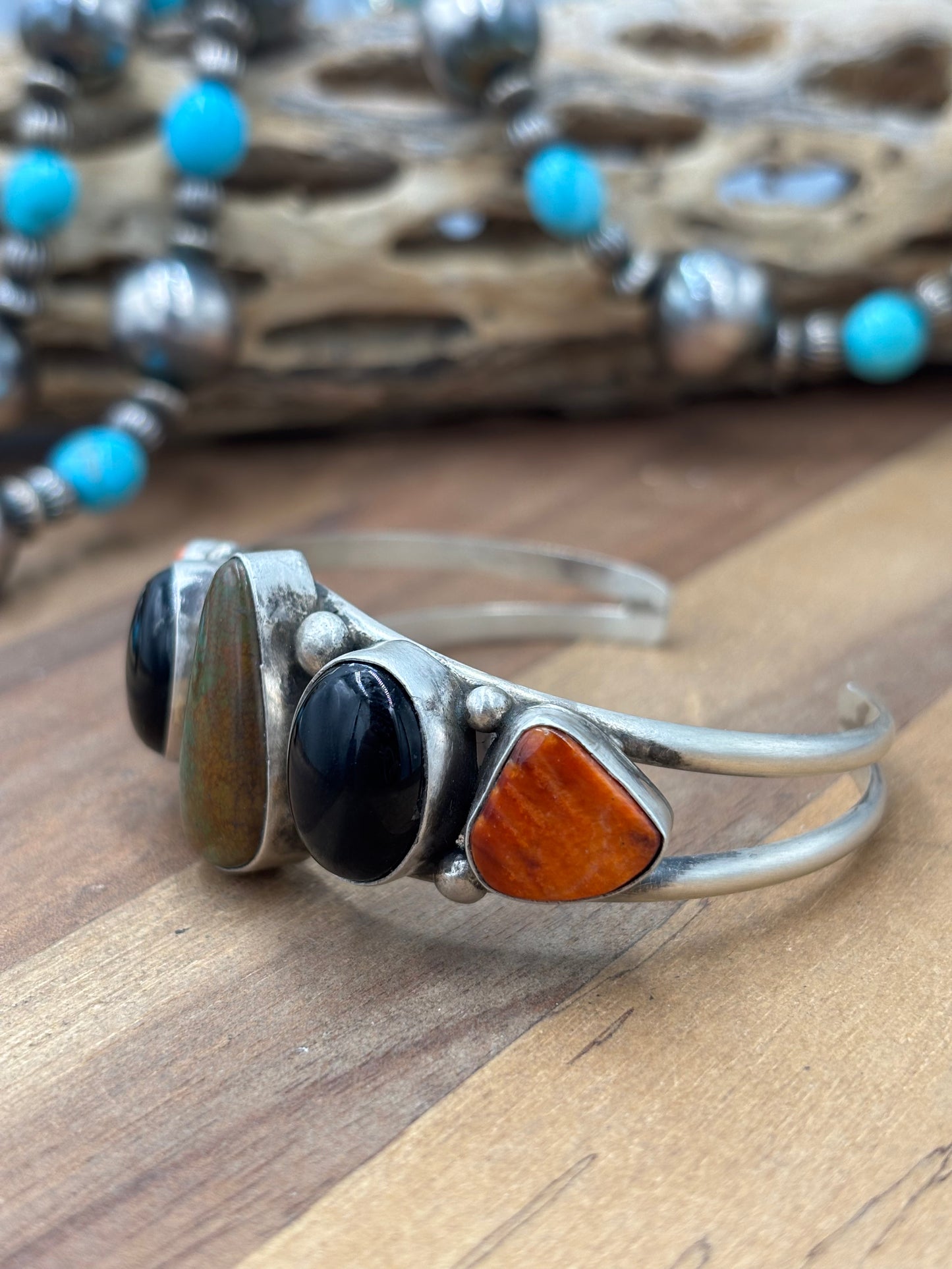 Kingman #96-13 Black Onyx, Orange/Red Spiny Cuff by Augustine Largo, Navajo