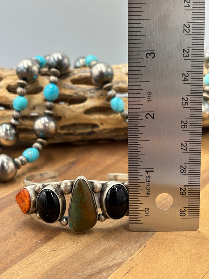 Kingman #96-13 Black Onyx, Orange/Red Spiny Cuff by Augustine Largo, Navajo