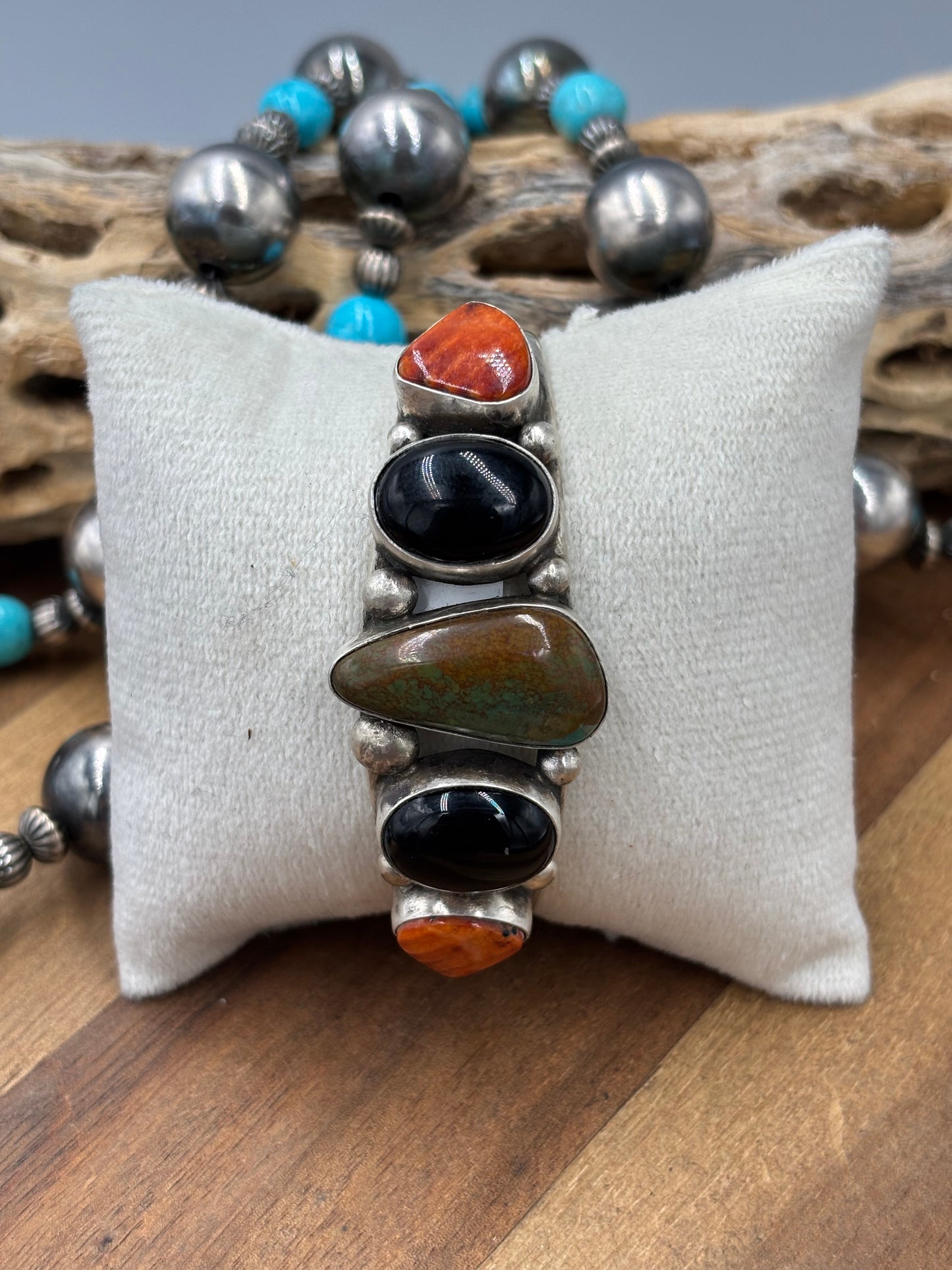 Kingman #96-13 Black Onyx, Orange/Red Spiny Cuff by Augustine Largo, Navajo