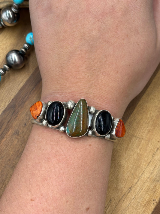 Kingman #96-13 Black Onyx, Orange/Red Spiny Cuff by Augustine Largo, Navajo