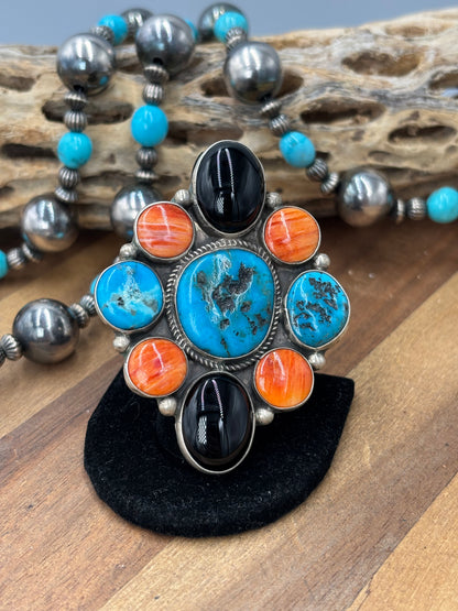 Black Onyx #96-9 Turquoise, & Orange Spiny Adjustable Ring by Geraldine James, Navajo