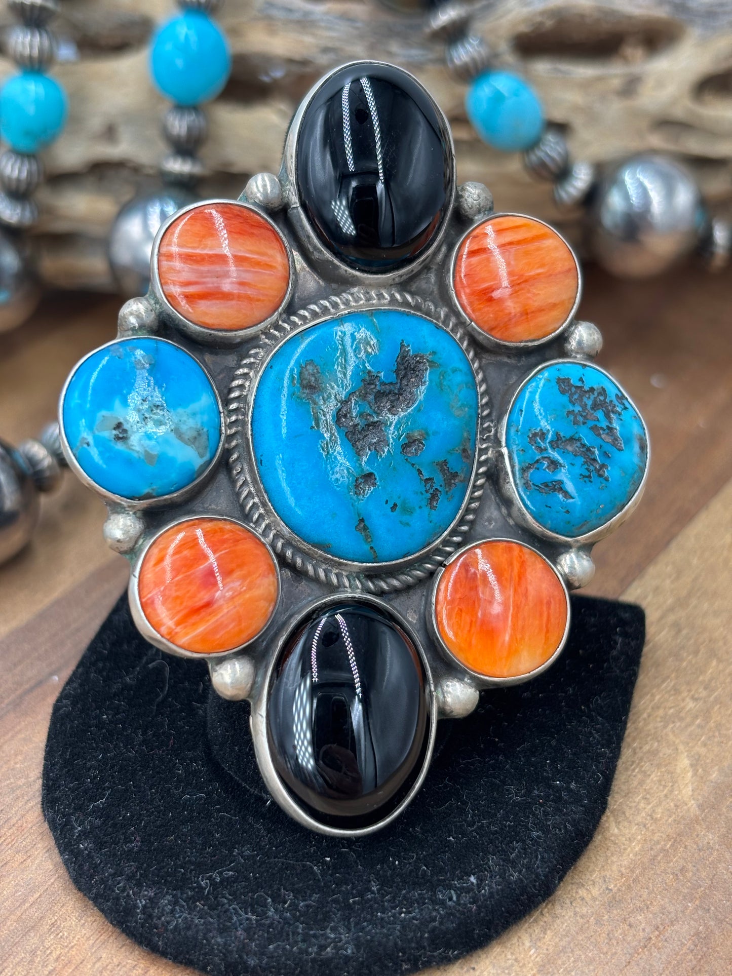 Black Onyx #96-9 Turquoise, & Orange Spiny Adjustable Ring by Geraldine James, Navajo