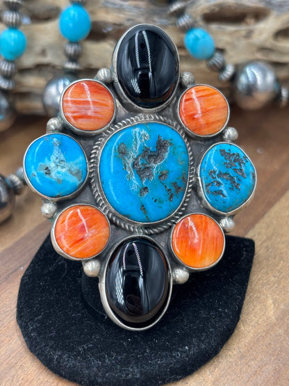 Black Onyx #96-9 Turquoise, & Orange Spiny Adjustable Ring by Geraldine James, Navajo