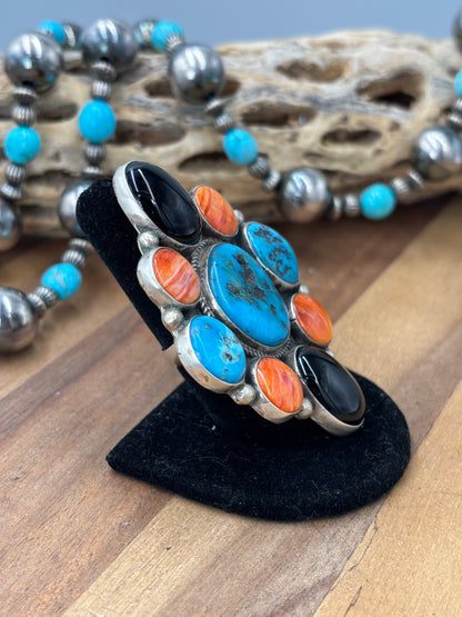 Black Onyx #96-9 Turquoise, & Orange Spiny Adjustable Ring by Geraldine James, Navajo