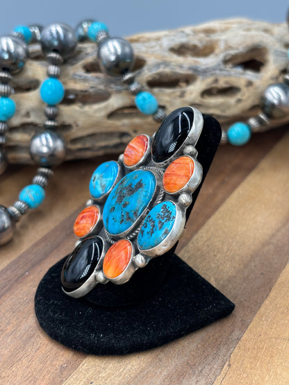 Black Onyx #96-9 Turquoise, & Orange Spiny Adjustable Ring by Geraldine James, Navajo