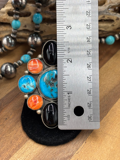 Black Onyx #96-9 Turquoise, & Orange Spiny Adjustable Ring by Geraldine James, Navajo