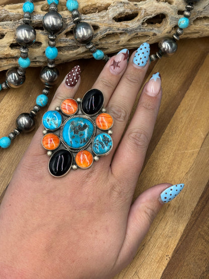 Black Onyx #96-9 Turquoise, & Orange Spiny Adjustable Ring by Geraldine James, Navajo