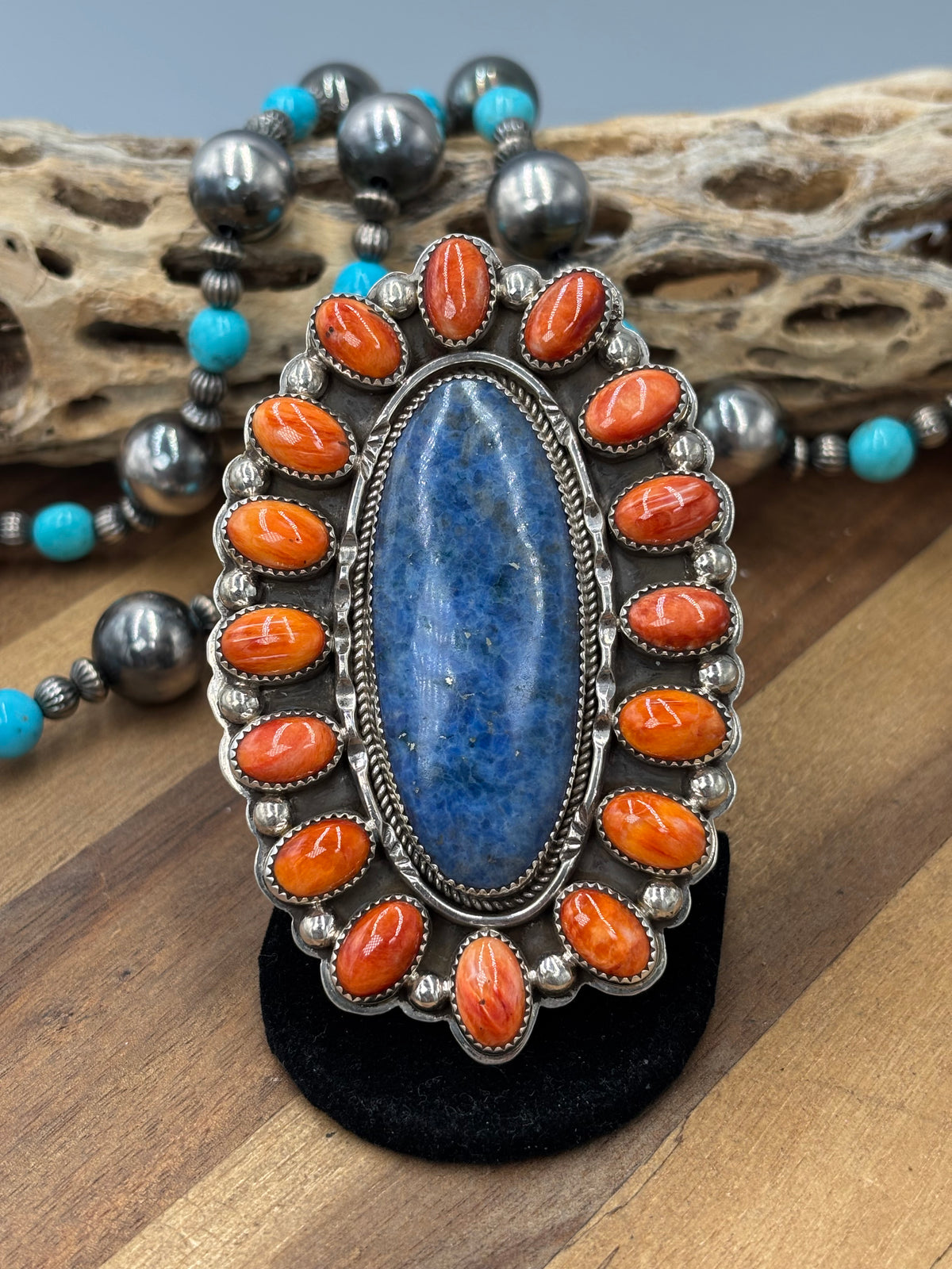 Lapis & Orange Spiny #96-8 Adjustable Ring by Delbert Secatero, Navajo