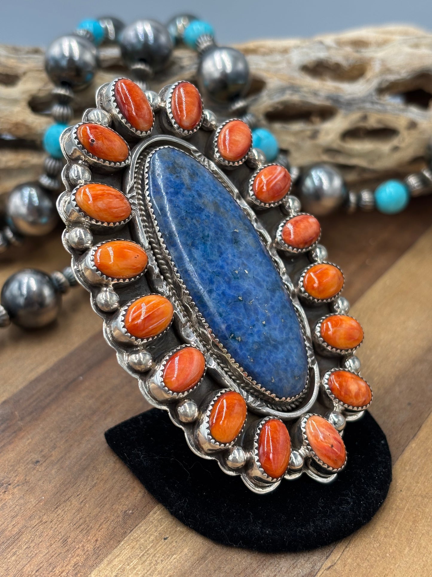 Lapis & Orange Spiny #96-8 Adjustable Ring by Delbert Secatero, Navajo