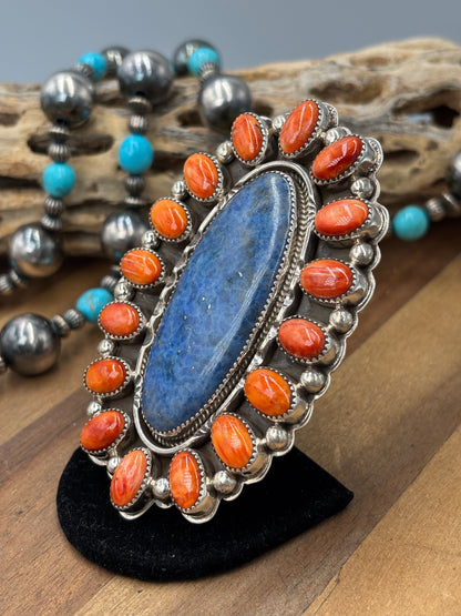 Lapis & Orange Spiny #96-8 Adjustable Ring by Delbert Secatero, Navajo