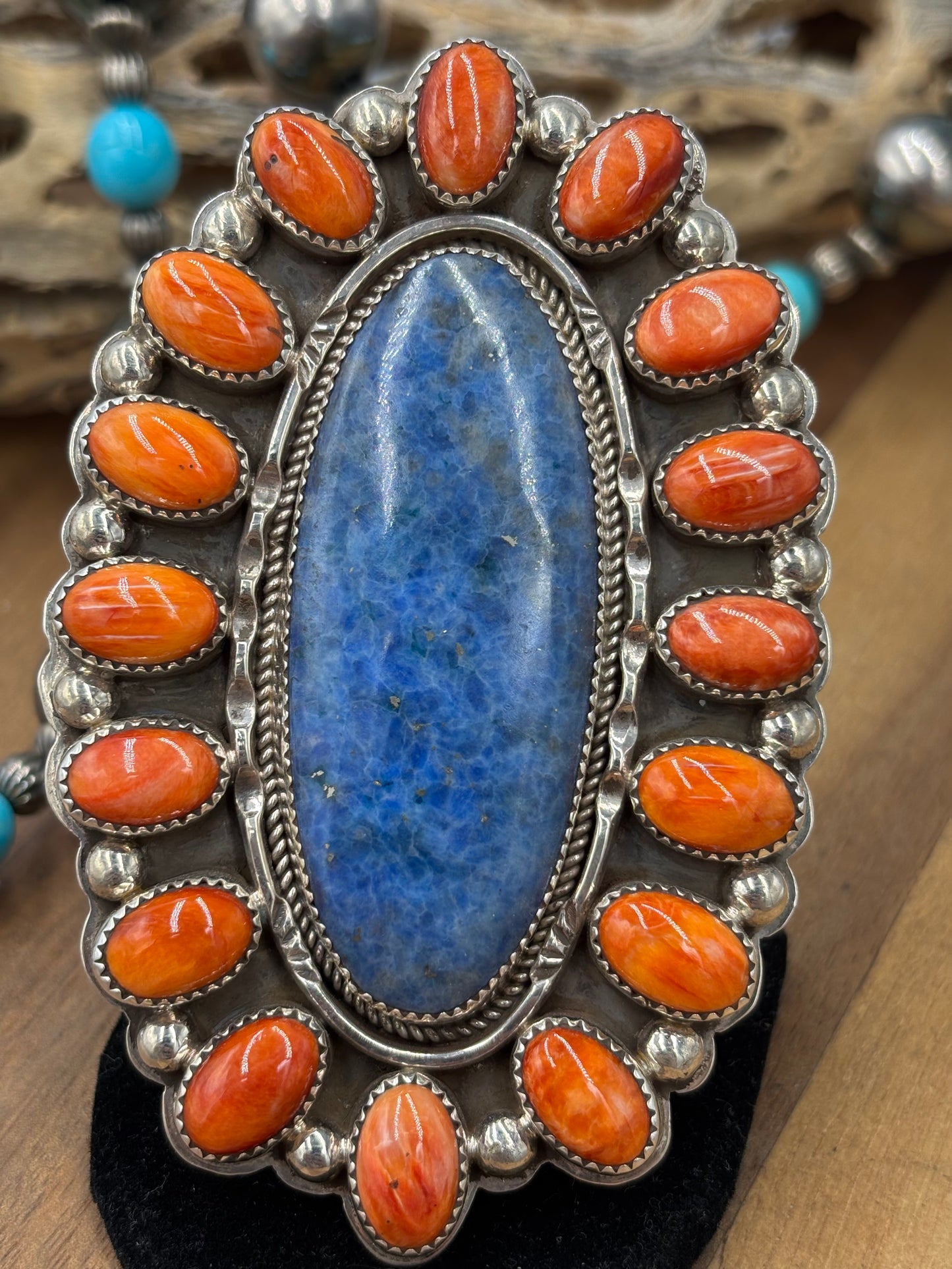Lapis & Orange Spiny #96-8 Adjustable Ring by Delbert Secatero, Navajo