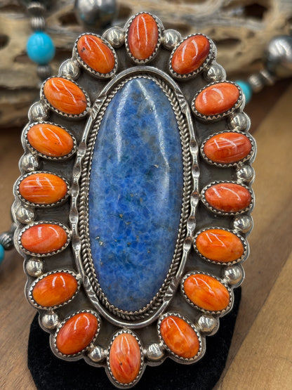 Lapis & Orange Spiny #96-8 Adjustable Ring by Delbert Secatero, Navajo