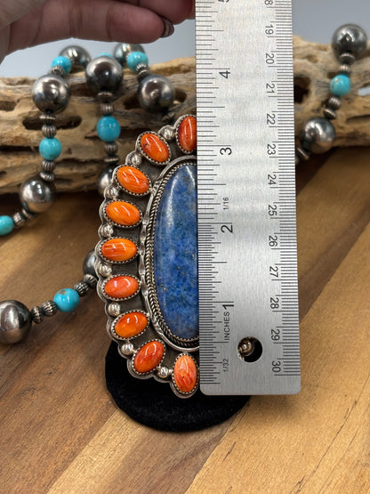 Lapis & Orange Spiny #96-8 Adjustable Ring by Delbert Secatero, Navajo