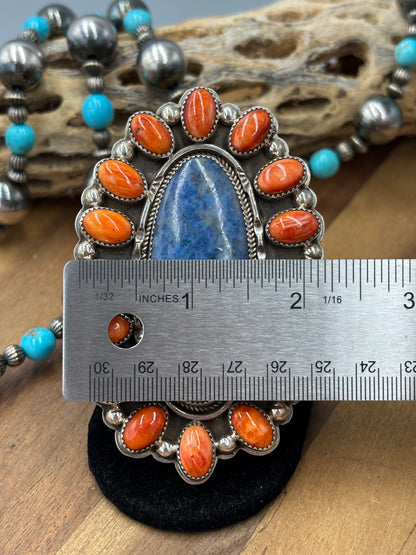 Lapis & Orange Spiny #96-8 Adjustable Ring by Delbert Secatero, Navajo