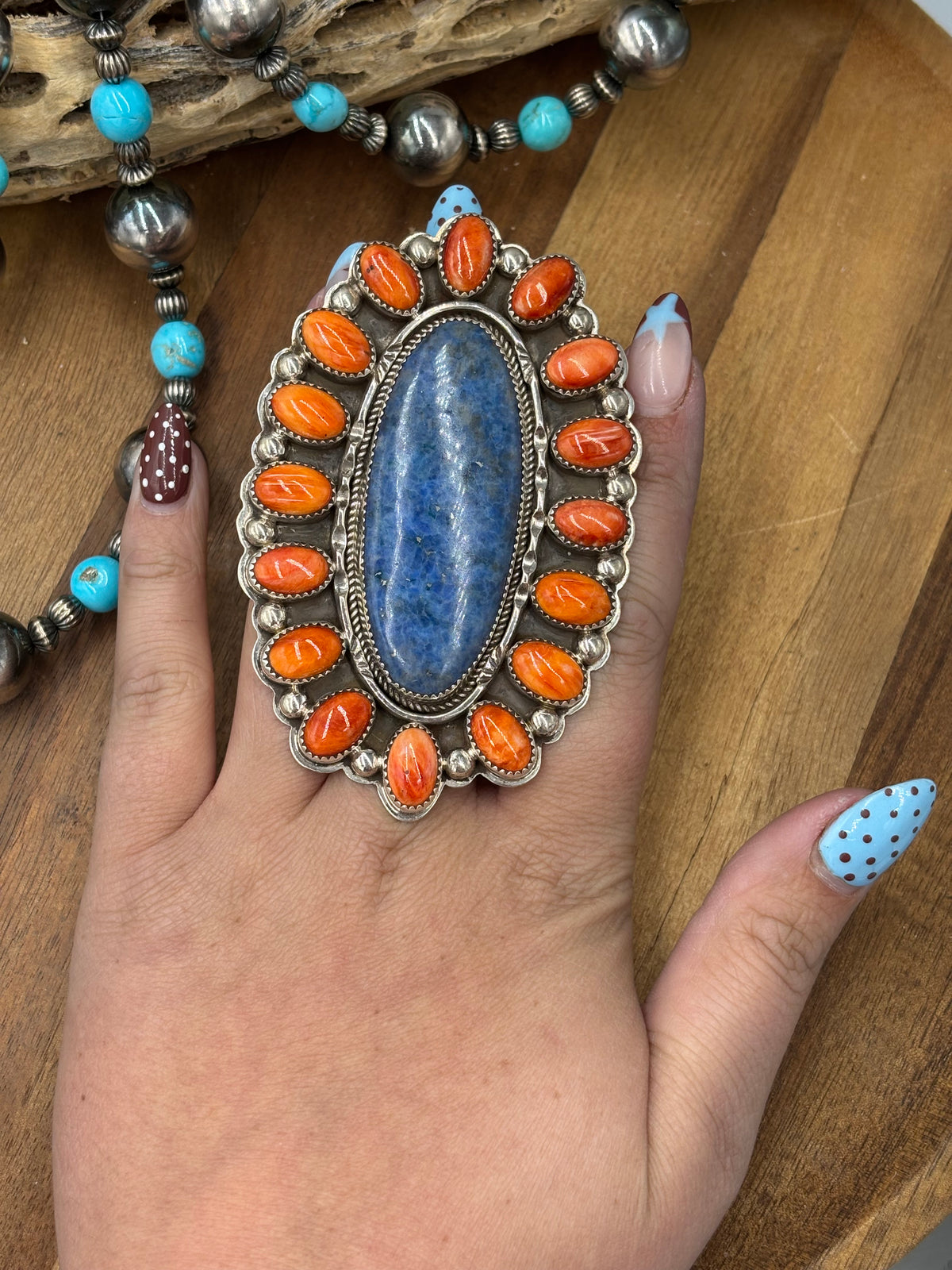 Lapis & Orange Spiny #96-8 Adjustable Ring by Delbert Secatero, Navajo