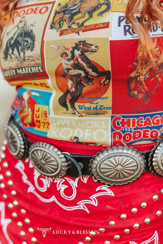 Black Genuine Leather Oval Vintage Silver Concho Belt