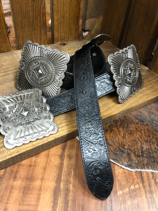 Black Tooled Leather & Concho Belt
