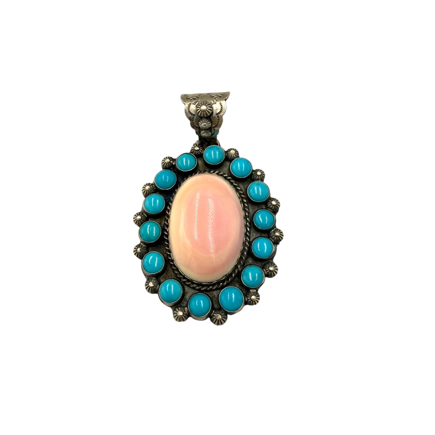 Pink Conch and Turquoise Pendant by Ned Nez