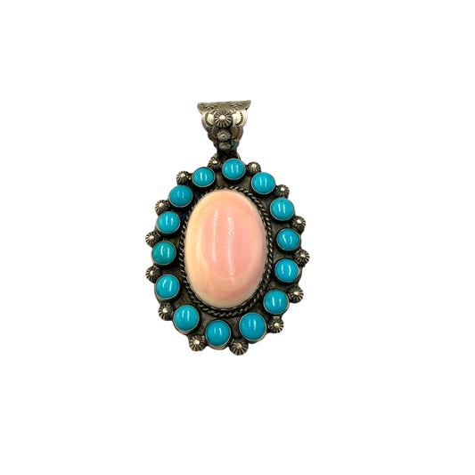 Pink Conch and Turquoise Pendant by Ned Nez