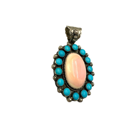 Pink Conch and Turquoise Pendant by Ned Nez