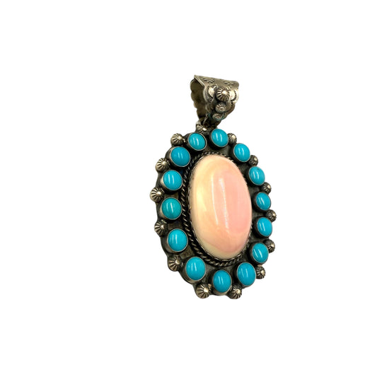 Pink Conch and Turquoise Pendant by Ned Nez