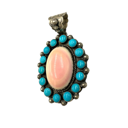 Pink Conch and Turquoise Pendant by Ned Nez