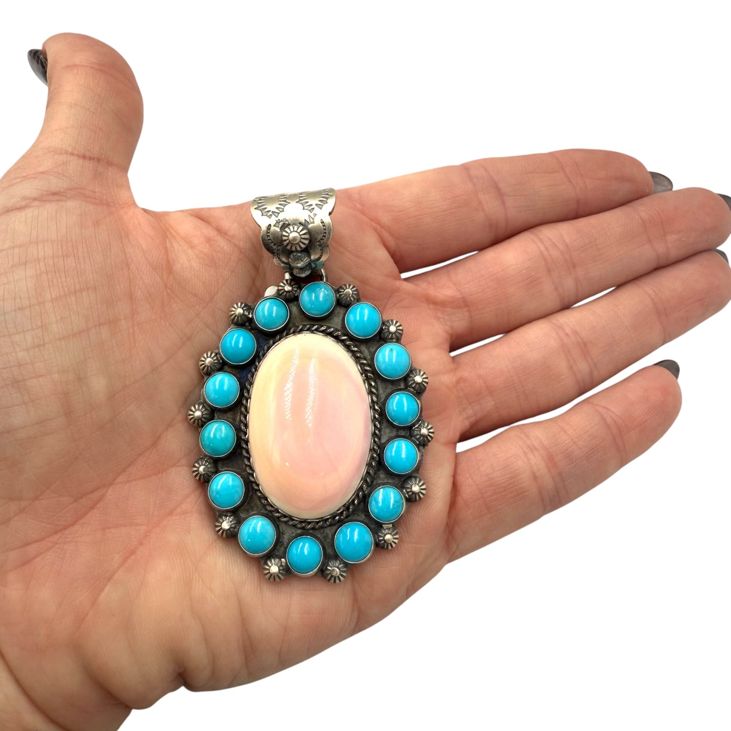 Pink Conch and Turquoise Pendant by Ned Nez