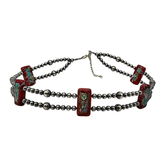 14" Variscite and Sterling Silver Pearl Choker