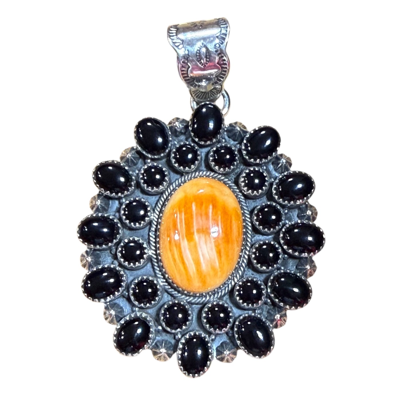 Orange Spiny & Black Onyx Pendent Stamped ZIA