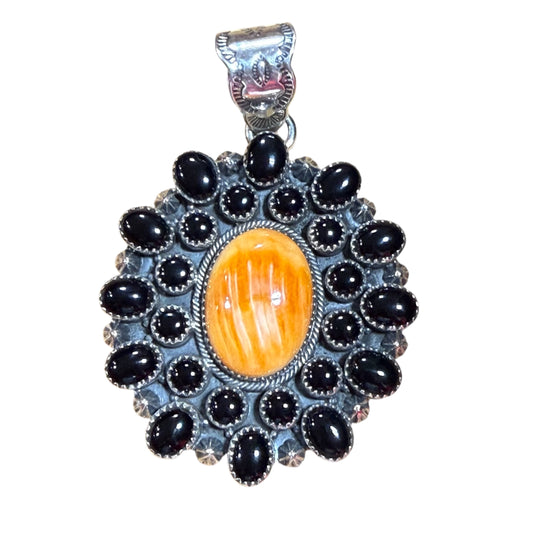 Orange Spiny & Black Onyx Pendent Stamped ZIA