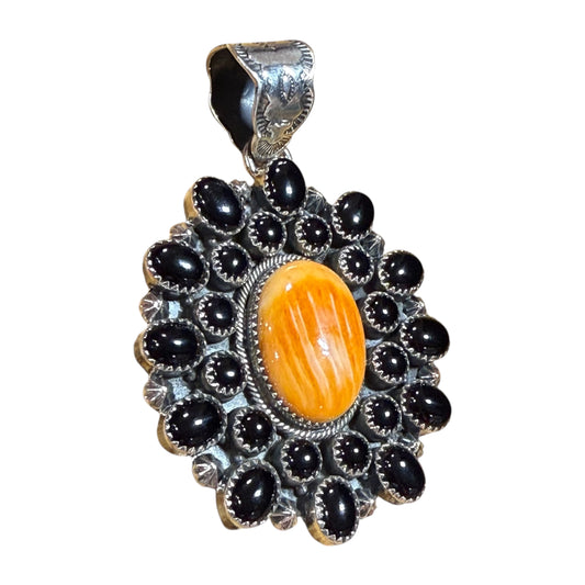 Orange Spiny & Black Onyx Pendent Stamped ZIA