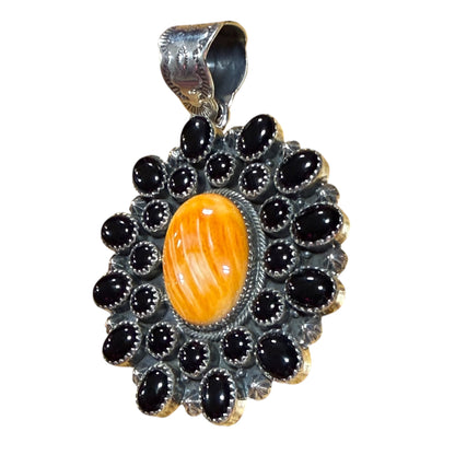 Orange Spiny & Black Onyx Pendent Stamped ZIA