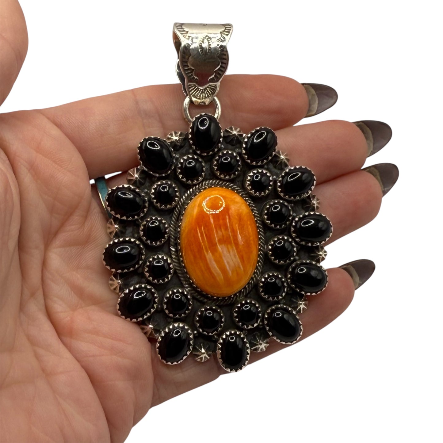 Orange Spiny & Black Onyx Pendent Stamped ZIA