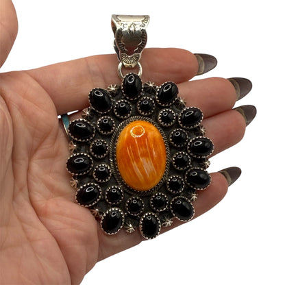 Orange Spiny & Black Onyx Pendent Stamped ZIA