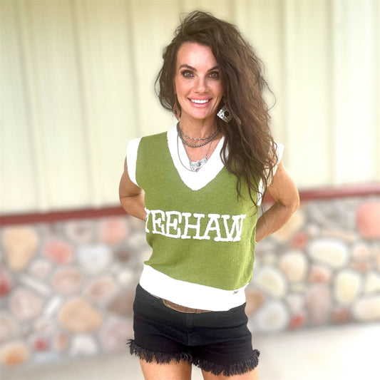 Yeehaw Sweater Vest Olive/Ivory